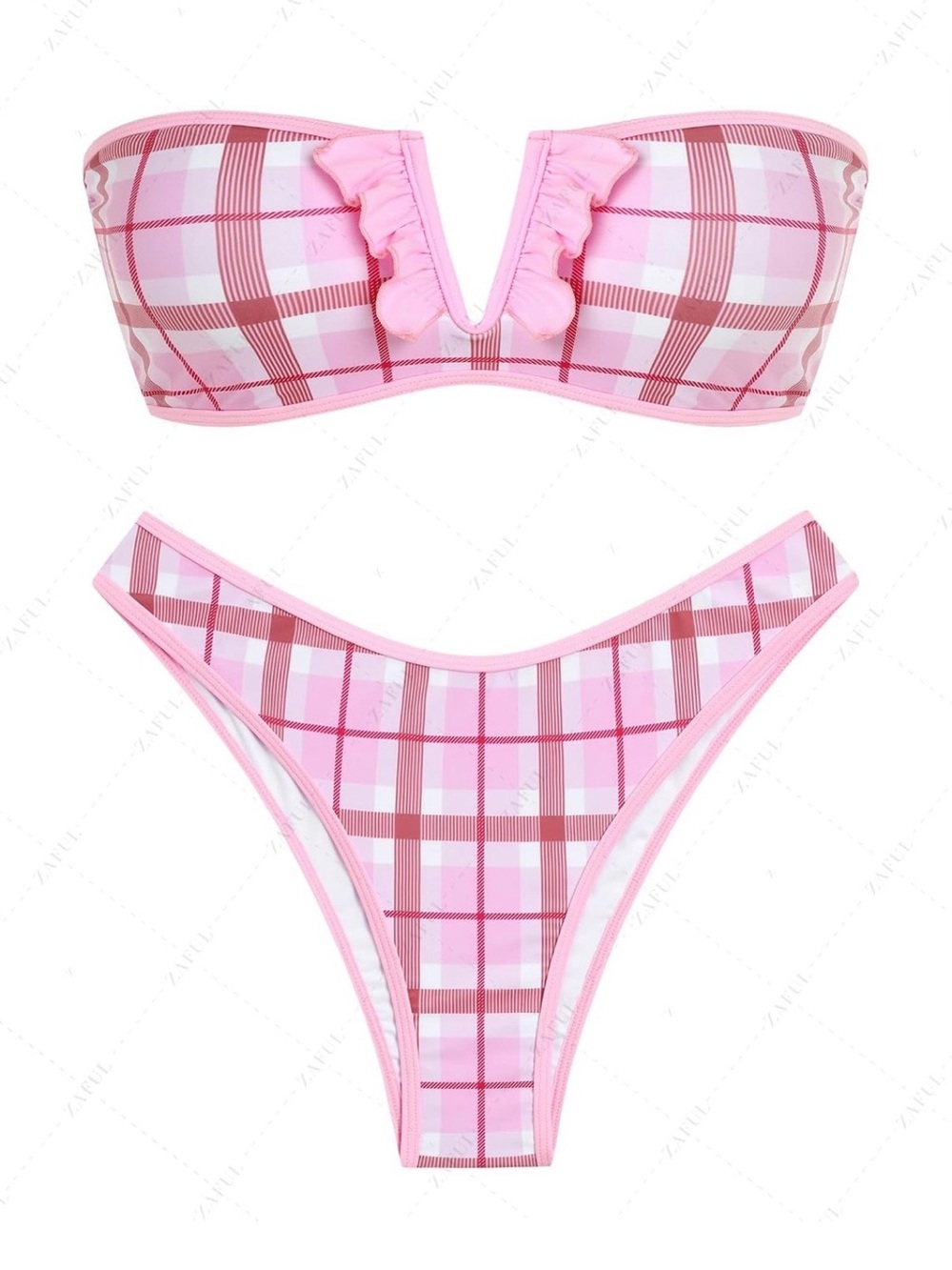 Zaful Pink Plaid Strapless Bikini Set